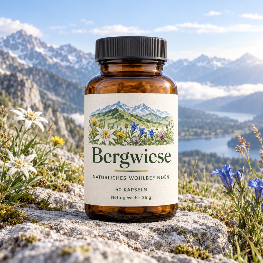 Bergwiese in einer Produktaufnahme mit lesbarem Etikett